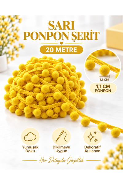 kubbe tekstil aksesuar 20 Metre Sarı Ponpon Şerit – 1,1 cm Ponponlu Şerit – H...