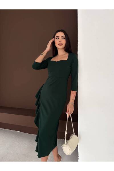 Kiki Kalp Yaka Eteği Volanlı Krep Elbise