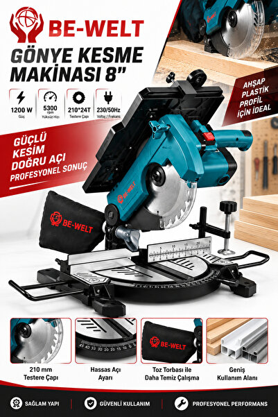 DynamicTech Profesyonel Elektrikli Üstten Ve Alttan Tablalı Gönye Kesme Makinesi 1200W 210mm Toz Torbalı