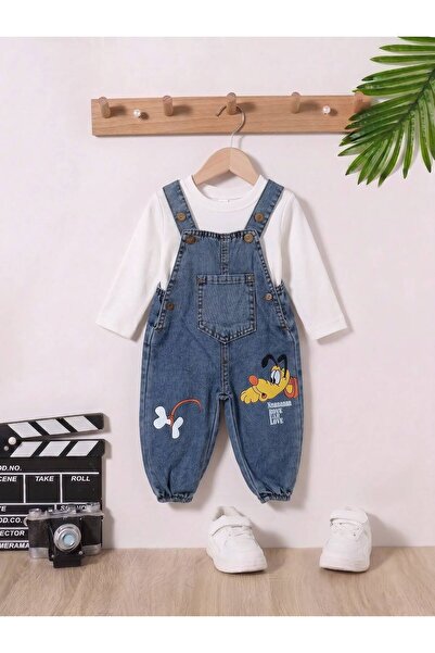 Mişsa Bebe Baskılı 2 Parça Denim Çocuk Bebek salopet Oversize Geniş Kalıp