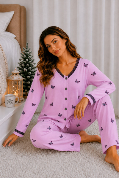 ELİTOL Reported Viscose Buttoned V-Neck Lace Long Sleeve Patterned Pajama Set