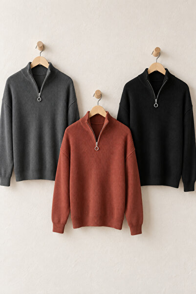 OTAKU 3-Pack Men's Stand Collar Long Sleeve Zippered Knit Sweater