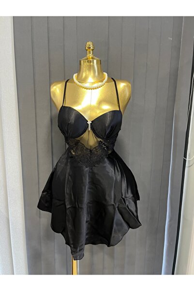 İana butik Siyah Saten Gecelik & Tanga