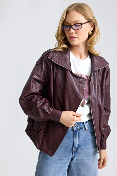HomeStore Ekose Desenli Suni Deri Bomber Ceket