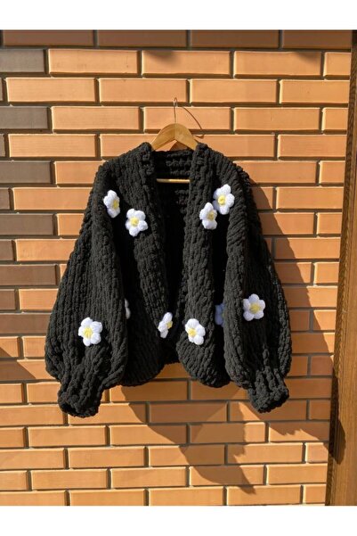 HÜMANATURAL Hand Knitted Daisy Detail Black Puffy Cardigan Chunky Cardigan Pi...
