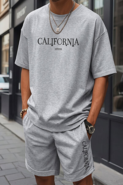 coolart California Tasarım T-Shirt Şort - Gri Alt Üst Takım Şort Tişört Kombi...