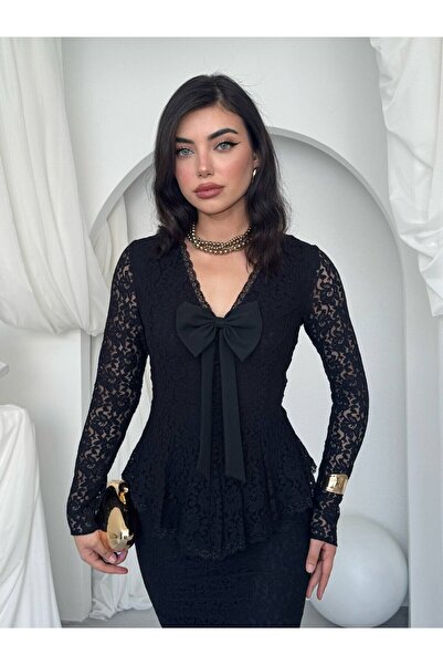 Clothes Fast Women's Black Midi Lace V-Neck Bow Detailed Long Sleeve Peplum D...