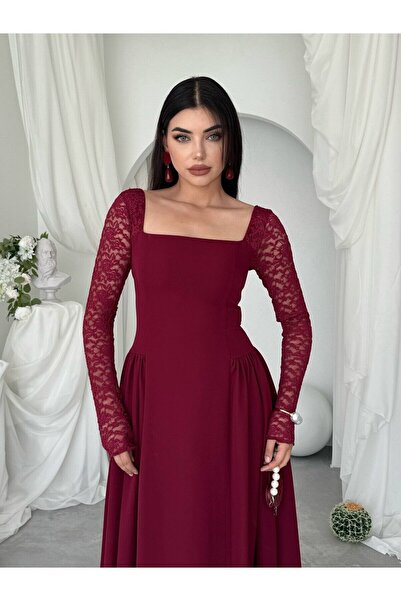 Clothes Fast Women's Burgundy Midi Dress Square Neck Lace Long Sleeve Flared ...