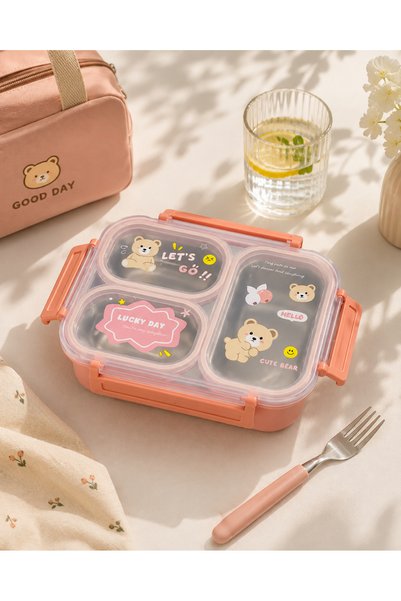 Generic Brand Kids Stainless Steel Bento Lunch Box, 3 Compartment Lunch Box for School, Reusable Food Container with Cute Cartoon Design, Portable Tiffin Box for Children
