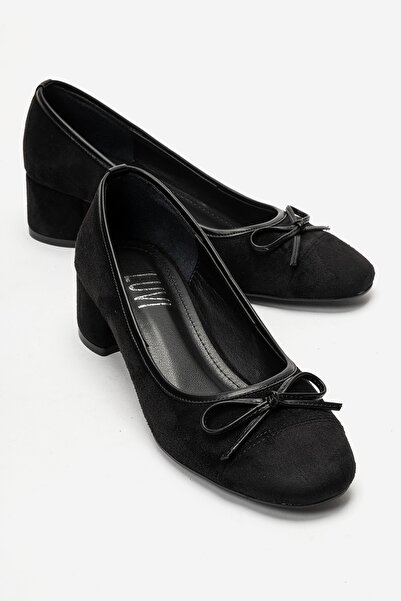 LuviShoes Leslie Black Suede Bow Women's Thick Heeled Shoes