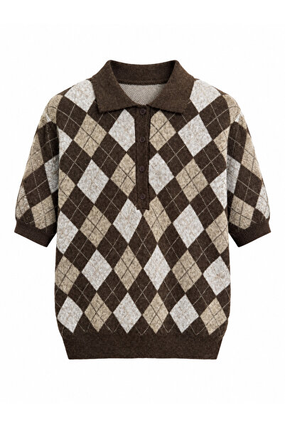 Buket Teke Brown Diamond Patterned Collared Short Sleeve Knitwear Blouse