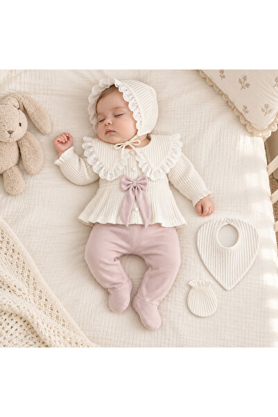 ese bebe Kız Bebek Ekru Lila Fiyonklu Dantelli Örgü Hastane Çıkışı 5’li Alt Ü...