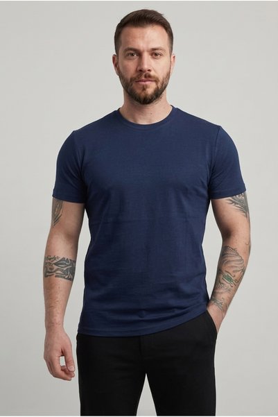 Lacivert Bisiklet Yaka Erkek T-Shirt Pamuklu Basic Kısa Kollu Rahat Kesim