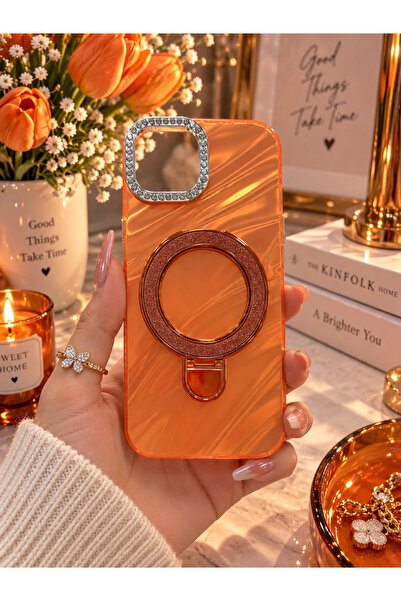 İPhone 13/14 Uyumlu Standlı Premium Taşlı Parlak Sedefli Kılıf – Kamera Çerçeveli, Şık Tasarım, Darbe Emici