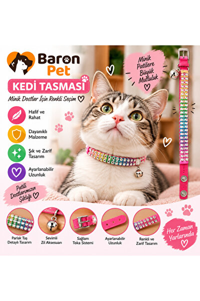 Baron Pet Kedi Tasması Fuşya Gökkuşağı Taşlı Zilli Ayarlanabilir Çift Sıra Re...