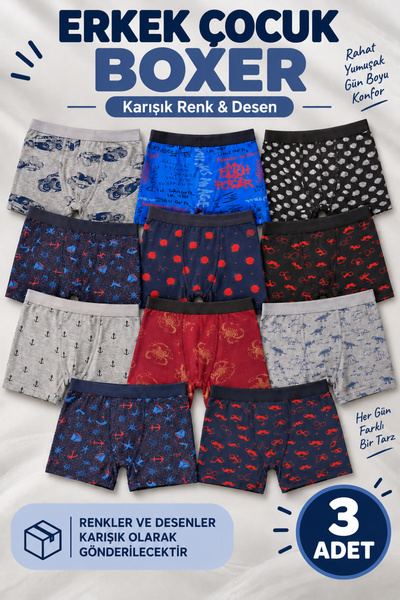 Alıç Boys' Boxer 3 Pieces Mixed Color and Patterned Cotton Flexible Waist Com...