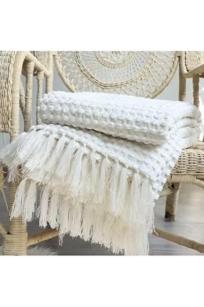 Arabest Knitted Throw Blanket with Tassels, Off White, 127x170cm, Soft and Co...