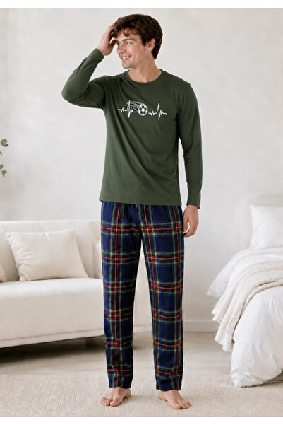 Serena Pijama barbat kaki cu maneca lunga si pantaloni lungi cu carouri mari