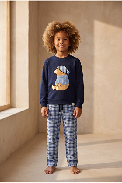 Katia&Bony Boy's Blue Harmony Teddy Patterned Plaid Navy Blue Pajama Set