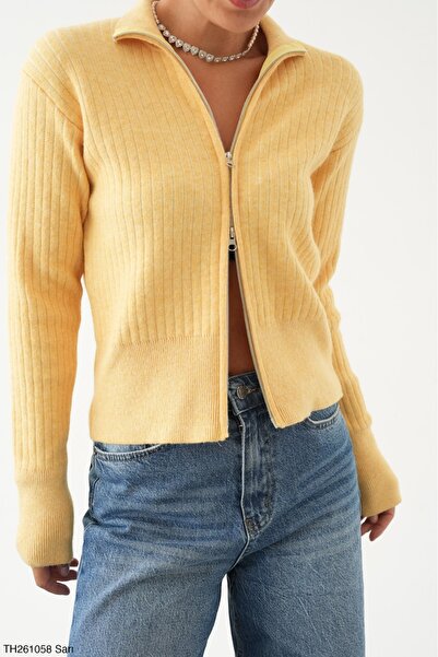Lupies Women's Double Zipper Ribbed Woven Wool Knitwear Cardigan