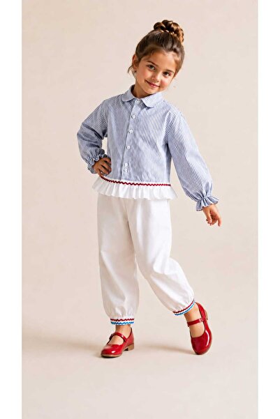 kidsense Girl's Special Design Striped Ruffle Detailed Shirt and Pants Set