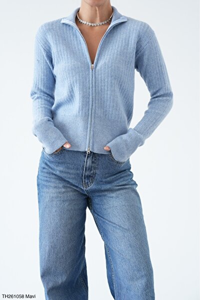 Lupies Women's Double Zipper Ribbed Woven Wool Knitwear Cardigan
