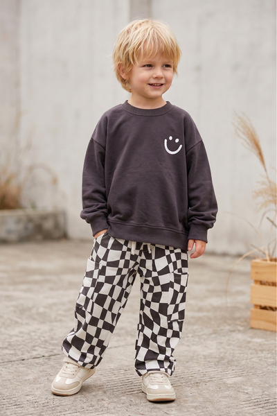 Babymod Children's Smiley Printed Anthracite Sweatshirt and Checkerboard Patt...