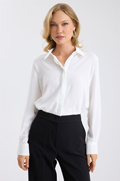 HomeStore Crop Matte Satin Shirt with Hidden Buttons