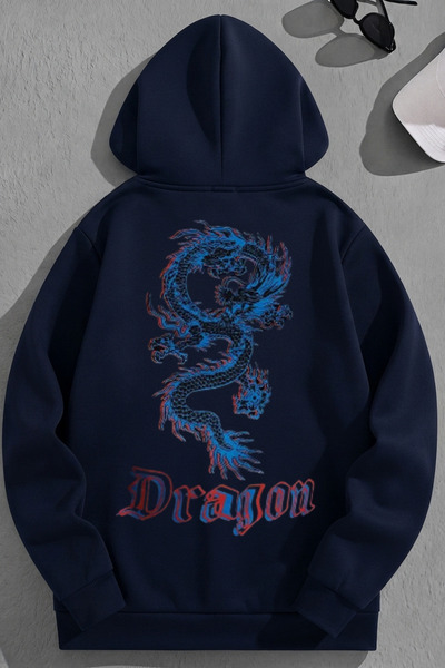 K KOZZ STYLE Unisex 3-κλωνο βαμβακερό φούτερ με στάμπα Navy Blue Dragon με κο...