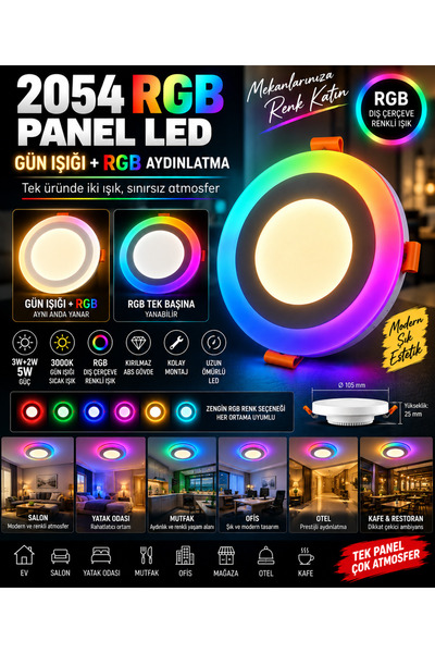 kialed RGB LED Panel 5W Gün Işığı + RGB Renkli Işık 3 Modlu Dekoratif Spot