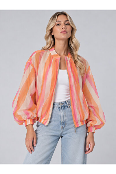 Sibel Günay Butik Somon Pembe Ekru Çok Renkli Kalın Şeritli Astarlı Tül Overs...