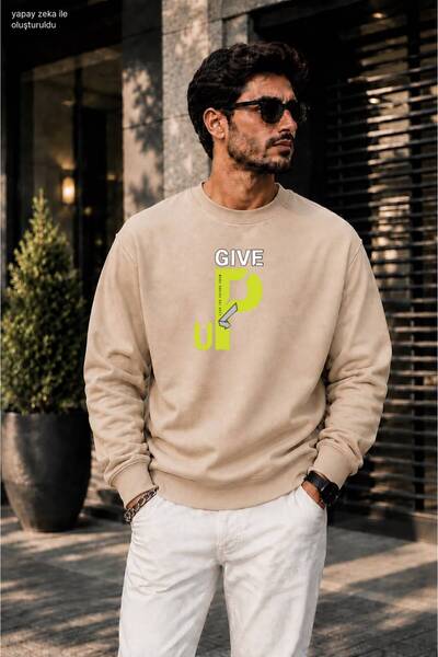 caddekombin Men's Give up Neon Typographic Printed Crew Neck Casual Regular F...