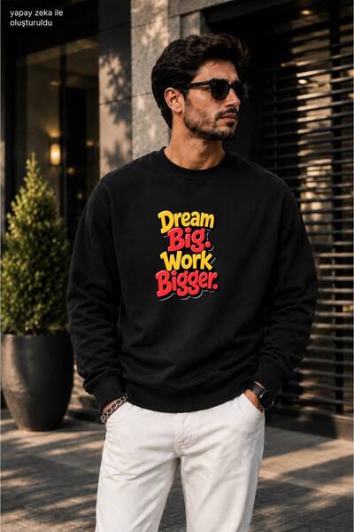 caddekombin Men's Dream Big Work Bigger Typographic Printed Crew Neck Casual ...