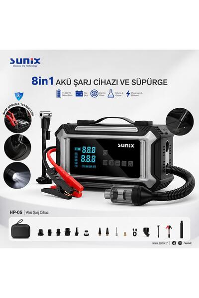 Sunix HP-05 8 in 1 Araç Süpürgesi ve Akü Takviye Cihazı 17000 PA Şarjlı Oto S...
