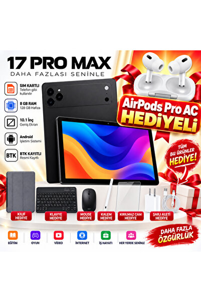 asfteknoloji 17 ProMax Sim Kartlı AirPro Kulaklık Hediyeli Klavye+Mous+Kalem+...