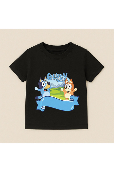 SVART WEAR Детска тениска с щампа на Блуи и Бинго в легло, 100% памук, черна