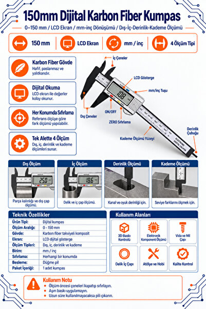 RobotikDepo 150mm Dijital Karbon Fiber Kumpas