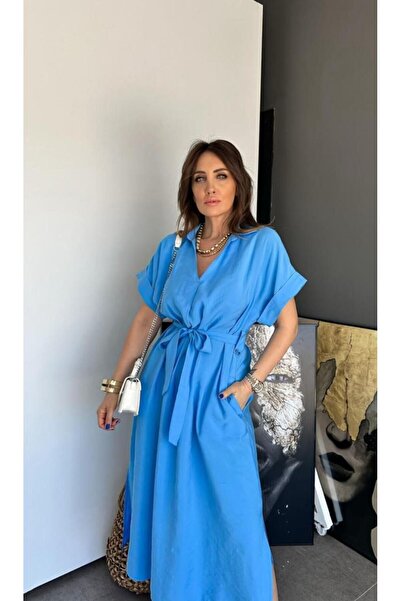 EGZOTİK ASORTİK Kuşaklı V Yaka Keten Görünümlü Midi Elbise
