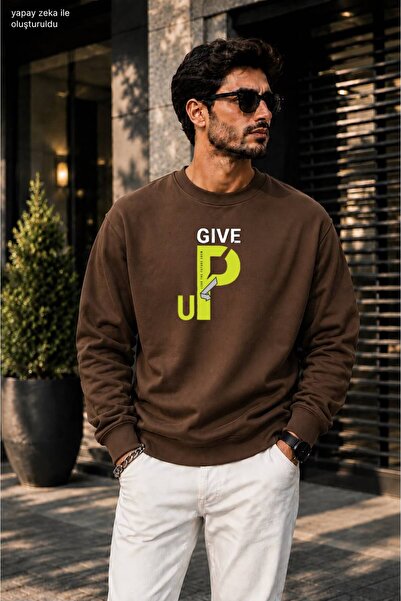 caddekombin Men's Give up Neon Typographic Graphic Printed Crew Neck Casual R...