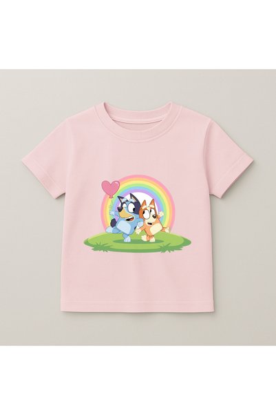 SVART WEAR Bluey Rainbow Grass Printed Kids T-Shirt 100% Cotton Pink
