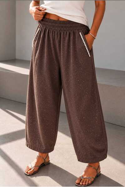 Yumey Serpme Taş Ve Cep Detaylı Kahverengi Şalvar Kesim Pantalon