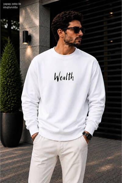 caddekombin Men's Wealth Handwritten Typographic Printed Crew Neck Casual Reg...