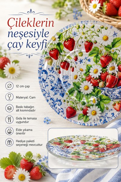 Ahenk Ev&Sofra Set of 6 Glass Tea Plates – Strawberry and Daisy Patterned 12 cm – 6 Tea Plates