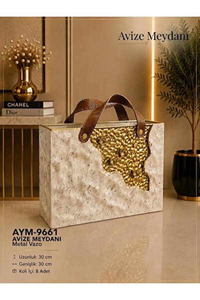 avizemeydanı Avize Meydanı Deri Kulplu Dokulu Gold-Krem Çanta Metal Vazo (30 ...