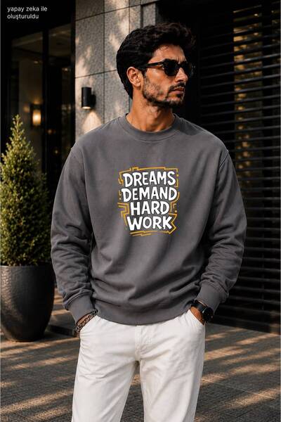 caddekombin Men's Dreams Demand Hard Work Typographic Printed Crew Neck Casua...