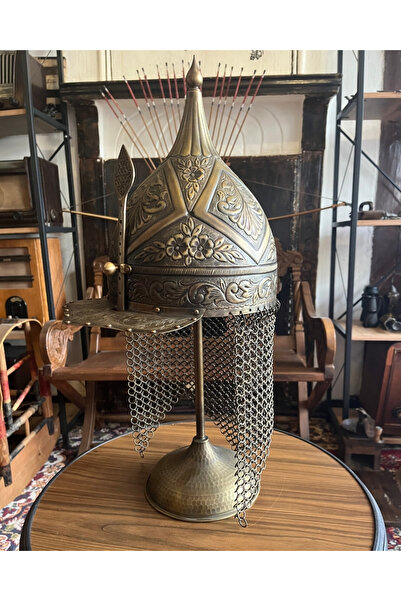 Taşhan Çarşı Osmanlı Dekoratif Miğfer Standlı Zincir Zırhlı İşlemeli 56 cm