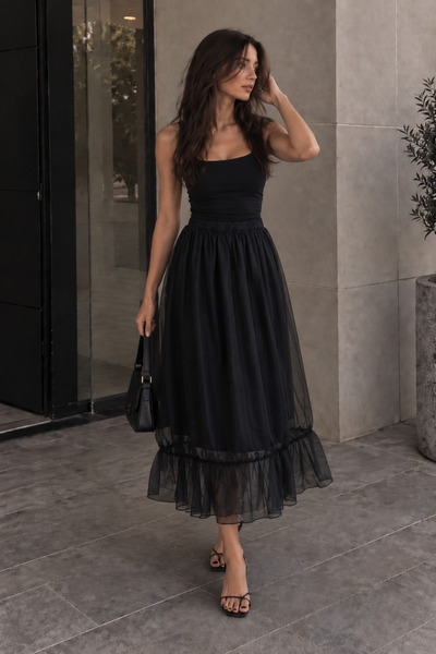 AYDIN WEAR Tül Fırfır Detaylı Siyah Etek