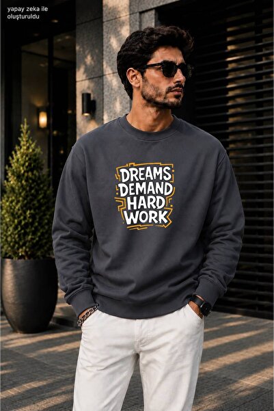 caddekombin سويت شيرت رجالي من Dreams Demand Hard Work مطبوع عليه نقوش واسعة ...