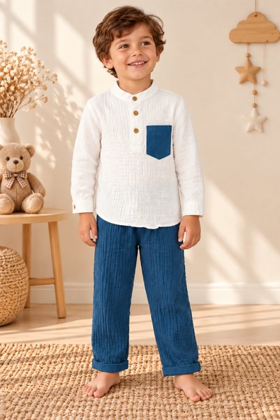 ışık kids Boy's Muslin Shirt with Collar Pockets and Trousers 2-Piece Set