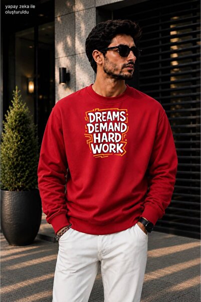caddekombin Men's Dreams Demand Hard Work Typographic Printed Crew Neck Casua...